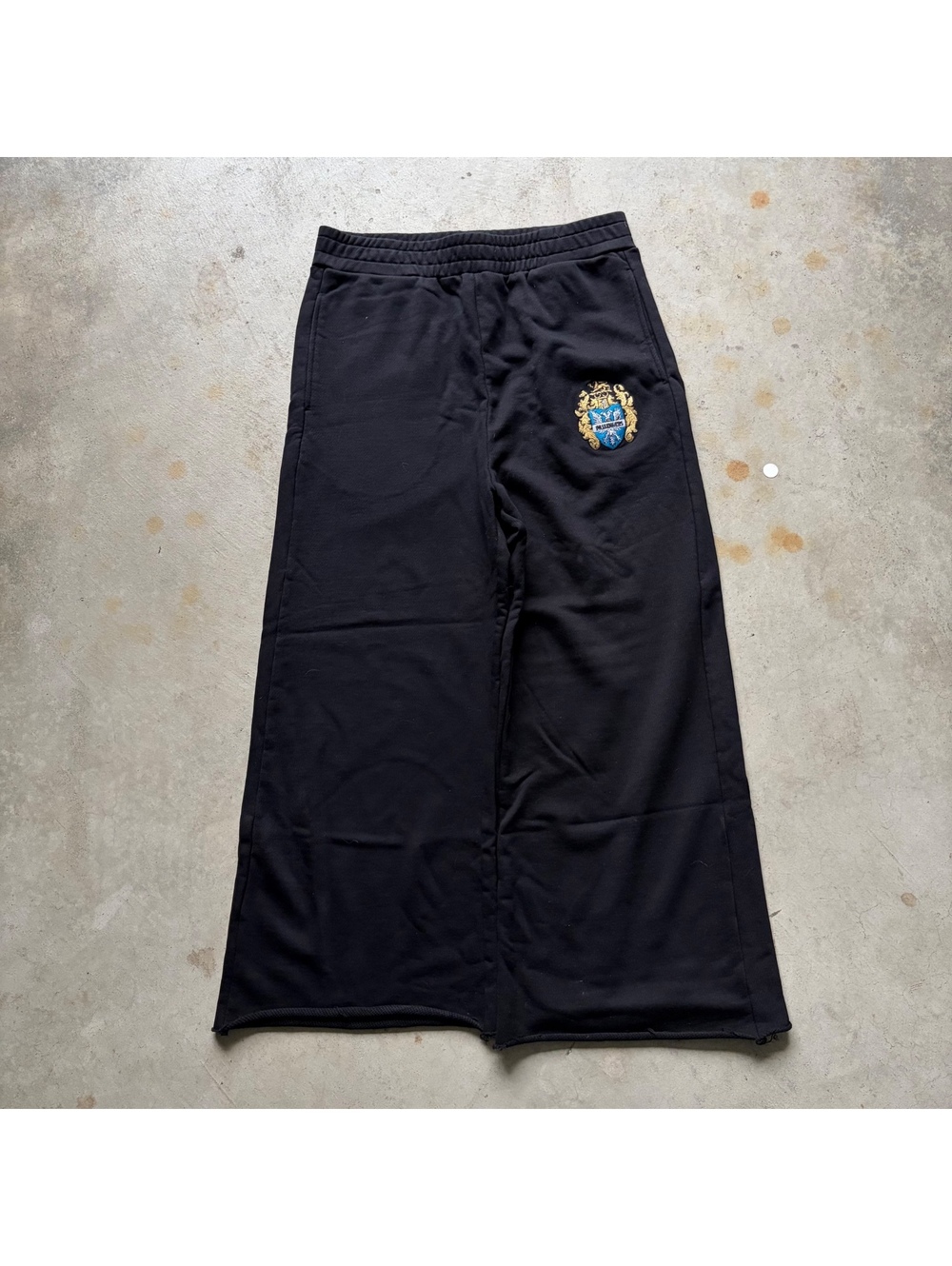 Dark Passengers Black Wide Leg Sweatpants with Crest Embrodi